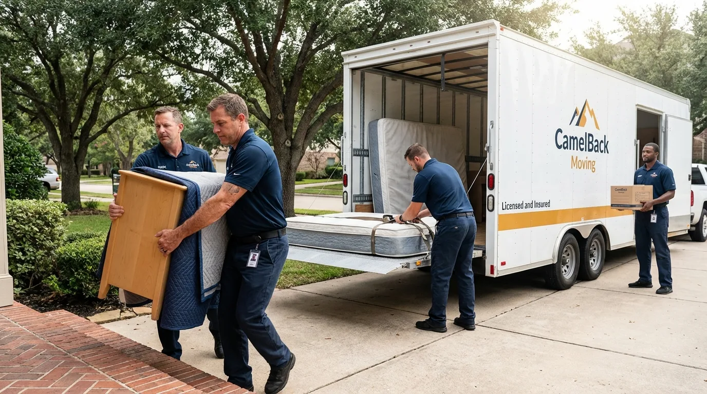 Crew loading residential truck for cross-state move from Dallas, TX