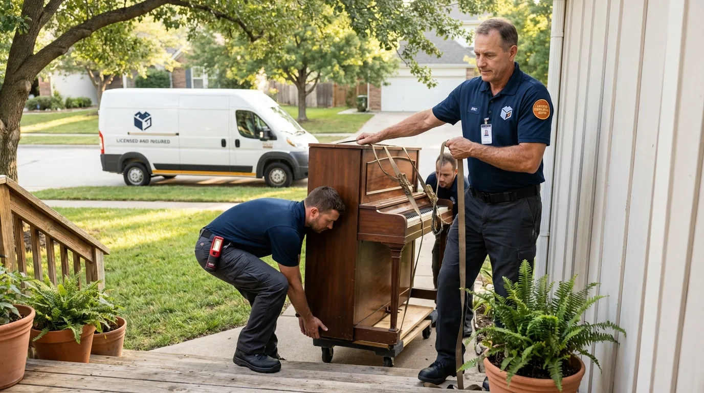 Licensed piano movers securing grand piano in Dallas, TX